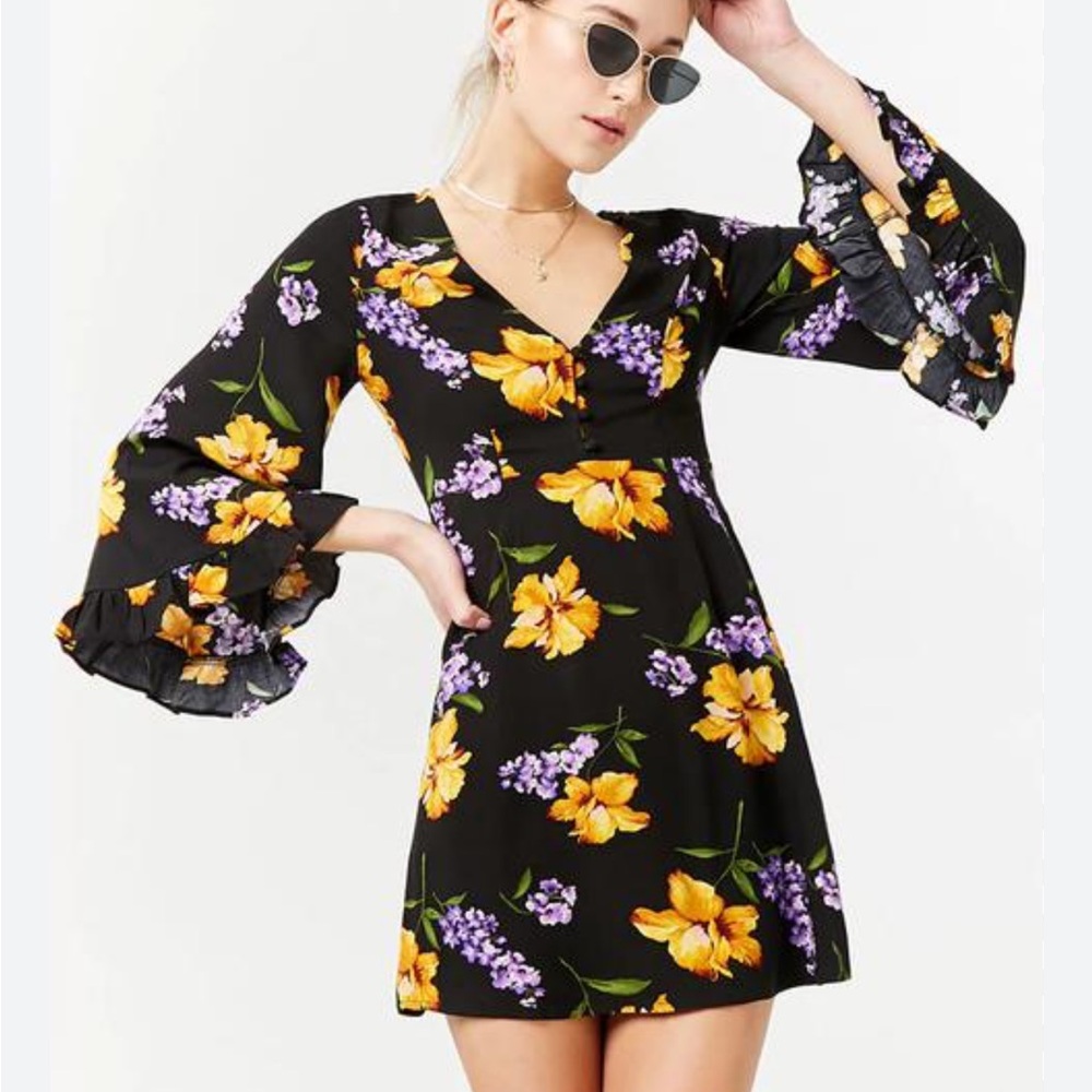 Forever 21 Garden Floral Ruffle Flare Sleeve Babydoll Mini Dress Size L
